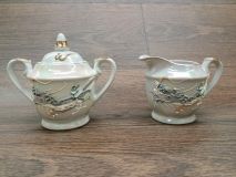 Vintage Moriage Dragonware Pearl Luster Creamer & Covered Sugar Bowl Set 1930-1950's era