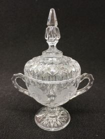 American Brilliant Engraved Roases Cut Crystal Footed 8" Sugar Bowl with Finial Lid 1920s 
