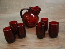 Anchor Hocking Royal Ruby Tilt Ball 6" Jug Pitcher With 6 Glasses 1938-1967's Era