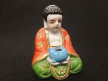 Green Orange Robed 4" Buddha Incense Burner 1945-1952 Occupied Japan Era