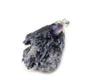 Black Kyanite Blade Pendant 1 7/8" with Amethyst Druze Nugget AB08