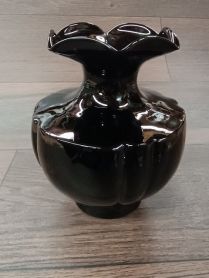 Louie Glass Co Black Amethyst 7-1/2" Vertical Rib Crimped Top Vase 1920-1930's Era