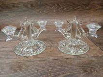 Vintage Indian Glass Laurel Wreath  Crystal Double Candlestick Holder PAIR 5-1/8" 1940'S - 1950'S Era