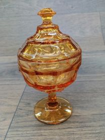Vintage Westmoreland Golden Sunset Amber Ashburton Covered Candy Dish 7-1/2" Compote 1940-1950's era