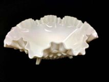 Fenton #3635-MI 7-3/4" Ruffled Edge 3-Toed Hobnail Milk Glass Candy Bowl 1963-1973 Era