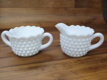 L.E. Smith Classic Hobnail Scalloped Rim Milk Glass Creamer & Sugar Bowl Set 1930-1960's Era