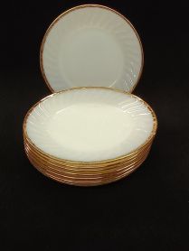 Set of 8 Anchor Hocking Swirl Golden Anniversary 9" Dinner Plates With 22k Gold Trim 1950'S Era