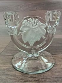 Indiana Glass No. 300 Intaglio 5-3/4" Two-Light Candlestick Frosted Grapes 1930-1950's Era