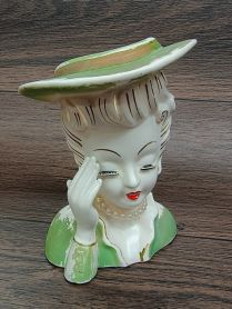 Tilso Noodle Hair Faux Pearls Green Dress and Hat 6" Headache Lady Head Vase 1950's 