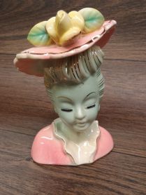 RARE Thames Noodle Hair Pink Hat Green Faced  6 1/2" Lady Head Vase 1950's / Repaired