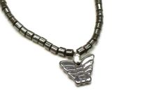 Butterfly Pendant Necklace 16" Beaded Hematite