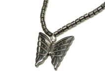 Butterfly Pendant 18" Beaded Hematite Necklace
