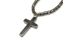 Cross Pendant Necklace Large Cross 16" Beaded Hematite