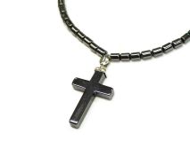 Cross Pendant Necklace 18" Beaded Hematite