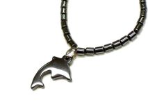 Dolphin Pendant Necklace 16" Beaded Hematite