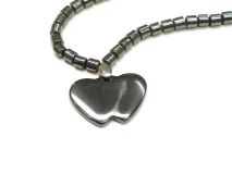 Heart Pendant Necklace 16" Double Heart Beaded Hematite