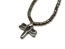 Dragonfly Pendant Necklace 16" Beaded Hematite