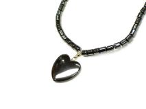 Medium Heart Pendant Necklace 18" Beaded Hematite