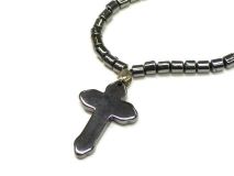 Cross Pendant Necklace Old Cross 16" Beaded Hematite