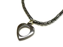 Heart Pendant Necklace Open Heart 16" Beaded Hematite #41
