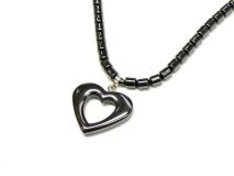Small Open Heart Pendant Necklace 18" Beaded Hematite