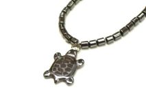 Turtle Pendant Necklace 16" Beaded Hematite