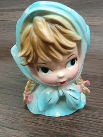 INARCO E2523 Blue Polka Dot 5-5/8" Dutch Girl with Pig Tails Lady Head Vase Planter 1960's 