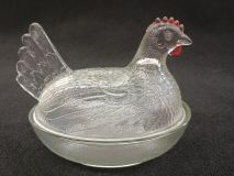 Indiana Glass Red Comb & Waddle Hen on Nest Covered Dish Clear Glass 1930's-1940's Era