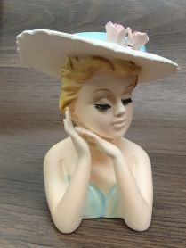 Lefton #2900 White Hat Blue Strapless Dress 6-1/8" Lady Head Vase 1950's 