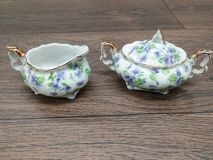 Vintage Lefton Violet Chintz 663V Mini Creamer & Lidded Sugar Bowl Set 1940 - 1950's era