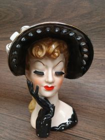 Napco #S348A Black Hat and Polka Dot Dress 6-3/4" Lady Head Vase Planter 1959 Era