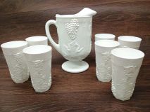 Indiana Colony Grape Milk Glass Set of 64 oz Ice Lip Pitcher & 7 - 14 oz Tumber Glasses 1950-60's Era