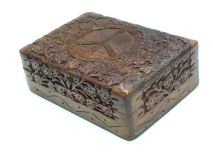 Carved Wood Peace Sign Hinged Jewelry Box 7" x 5" 