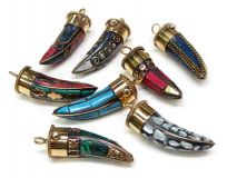 Synthetic Stone Inlay Tusk Pendant 2" With Decorative Brass Cap
